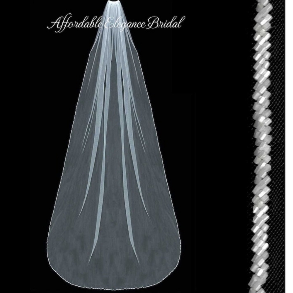 Royal Cathedral Veil, Long Single-Tier Bridal Veil with beaded edging all around
